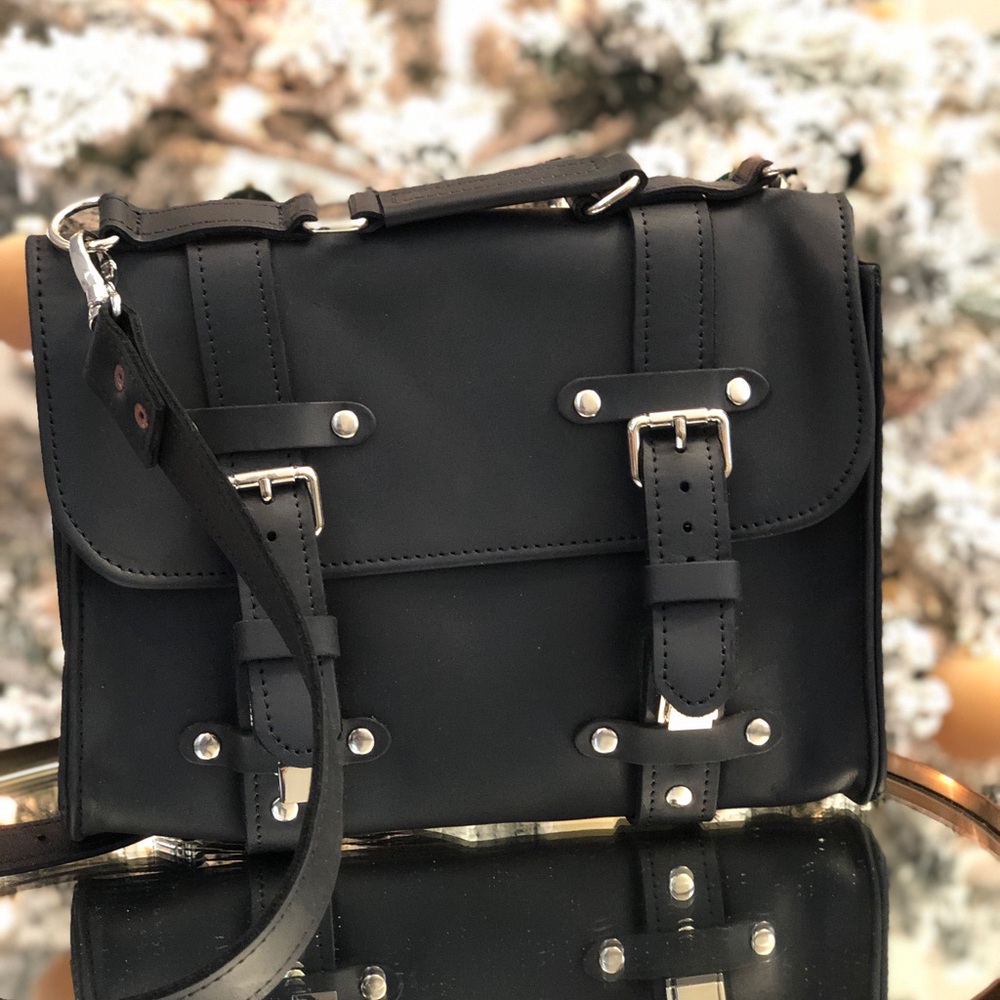 Black leather messenger bag.